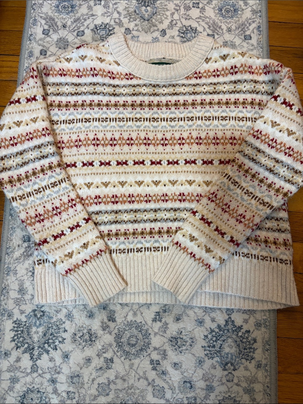American eagle Cozy Fair Isle Crewneck Sweater - Cream with Multicolor Pattern